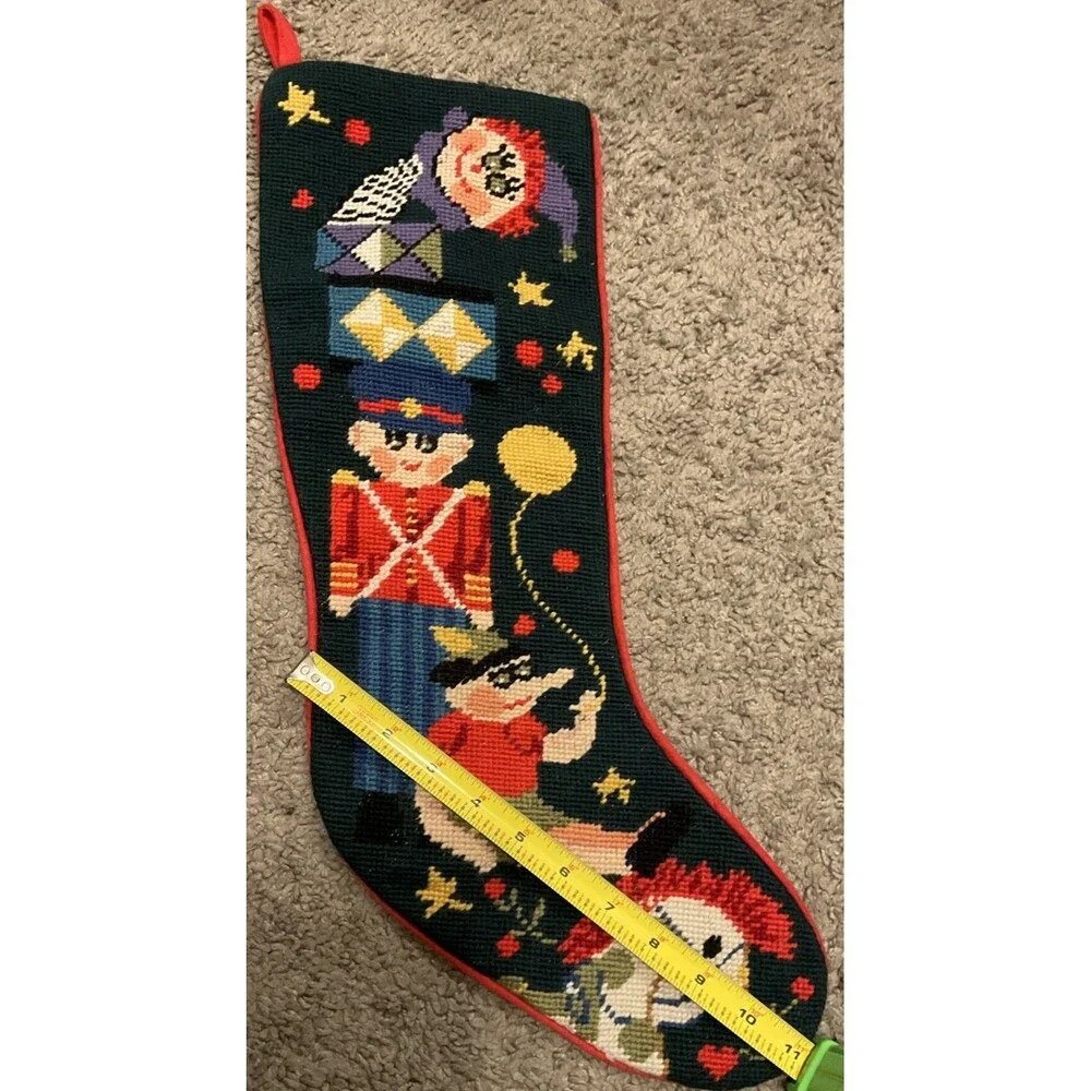Vtg Christmas Jack-in-the Box, Toys. Soldier Stocking Handmade Green Needlepoint